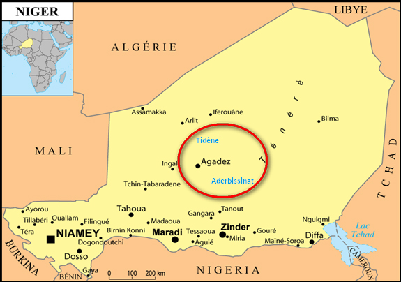 Carte représentative du Niger où sont menées les actions de l'association Les Puits du Désert et de l'ONG Nigérienne Tidène